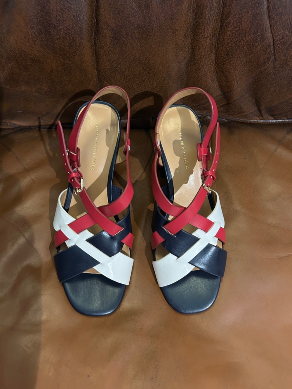 Tommy Hilfiger Red White and Navy Leather Crisscross Slingback Sandals